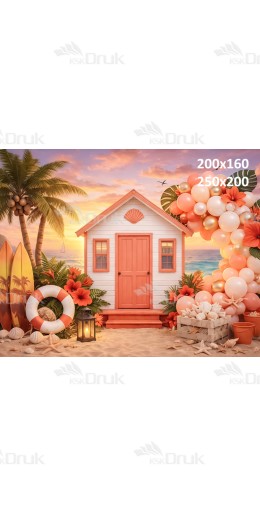 Tło fotograficzne „Zachód słońca na plaży z koralową chatką i balonami” | 4039